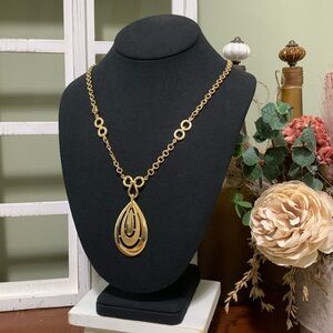 Vintage Crown Trifari Layered Teardrop Pendant on Gold C Clasp Chain